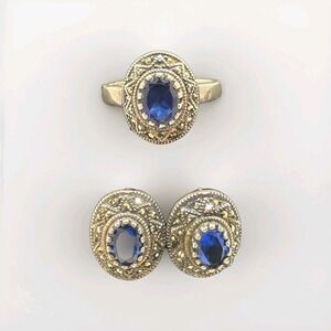 Vintage Art Deco Style Sterling Silver Blue Sapphire Marcasite Ring/Earring Set